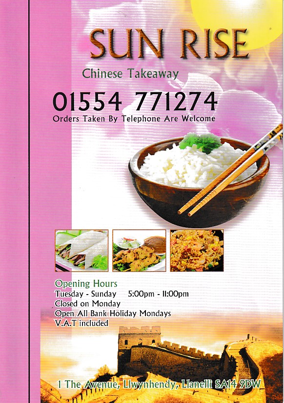 Menu of Sun Rise Chinese Takeaway Llwynhendy, llanelly