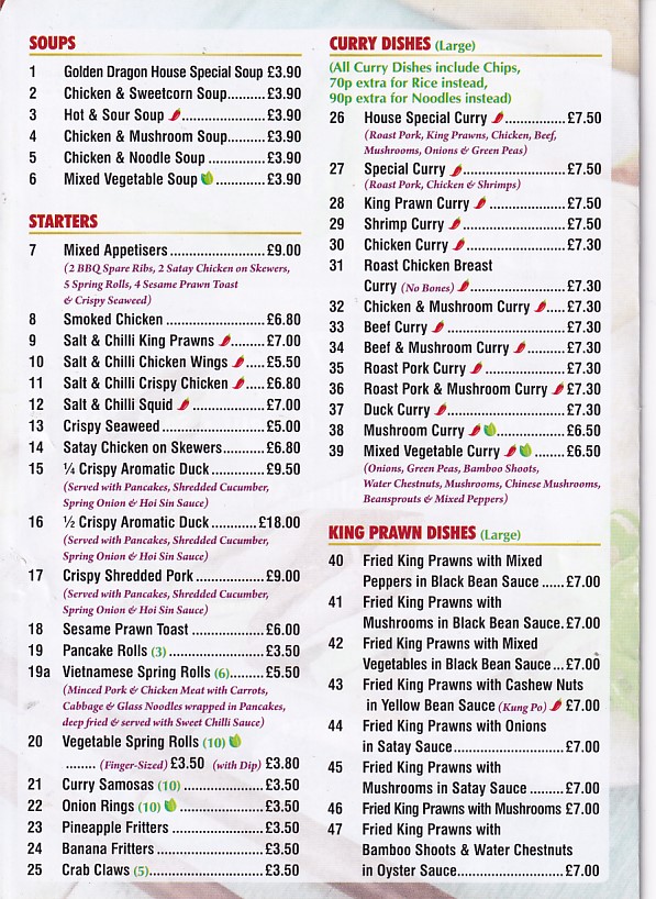 Menu of New Golden Dragon, Chinese Takeaway Llanelli