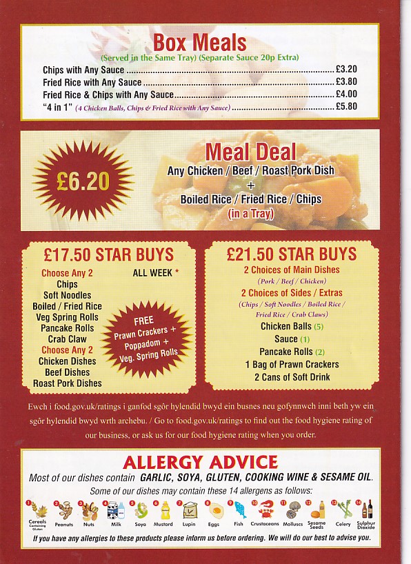 Menu of New Golden Dragon, Chinese Takeaway Llanelli