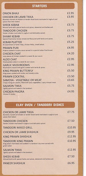 Menu of Cinnamon Indian takeaway food Carmarthen